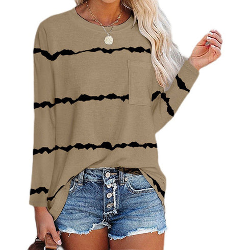 Plus Size Women's Print Round Collar Long Sleeve T-shirt