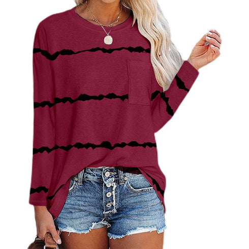 Plus Size Women's Print Round Collar Long Sleeve T-shirt