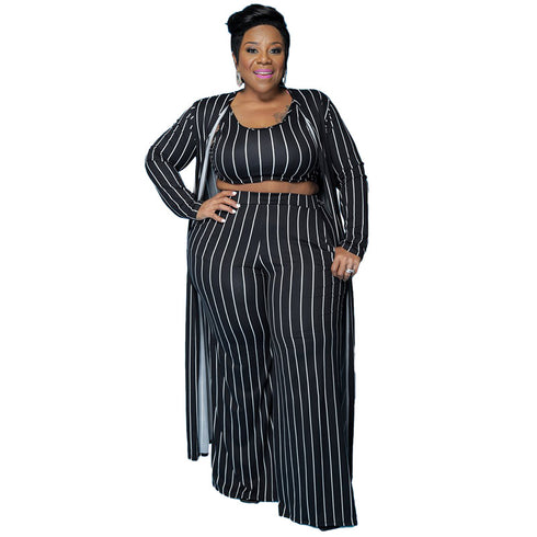 Plus Size Women's Stripes Elegant 3 Piece Lounge Set Suits