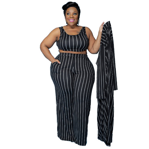 Plus Size Women's Stripes Elegant 3 Piece Lounge Set Suits