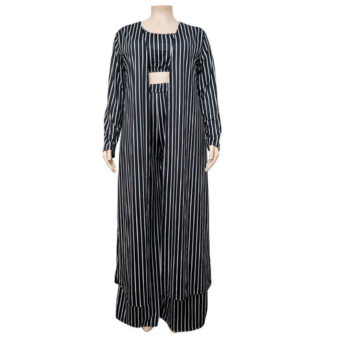Plus Size Women's Stripes Elegant 3 Piece Lounge Set Suits