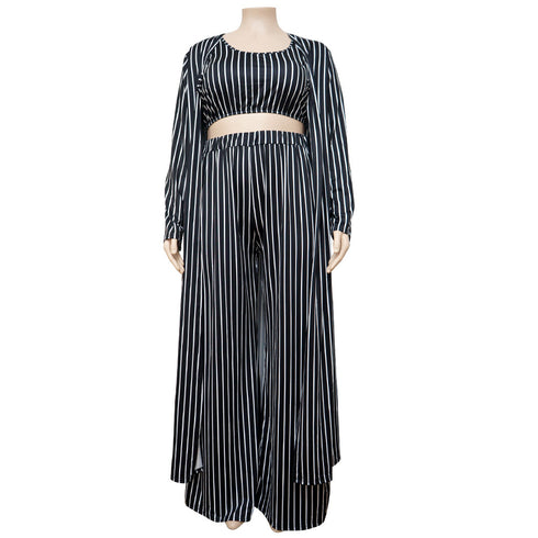Plus Size Women's Stripes Elegant 3 Piece Lounge Set Suits