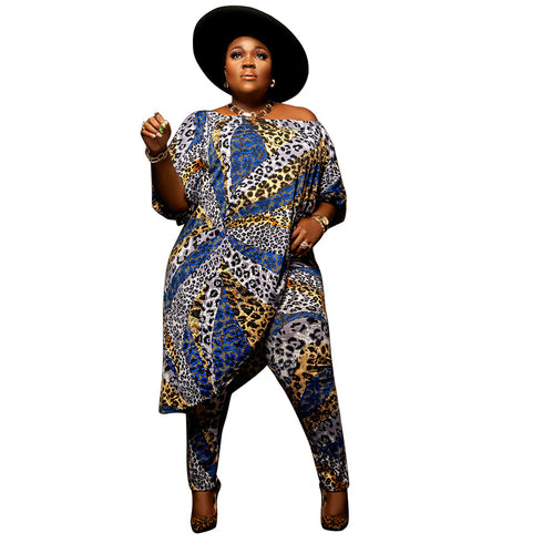 Plus Size Women's Temperament Sexy Print Two Piece Outfits
