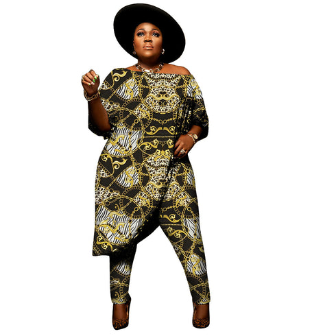 Plus Size Women's Temperament Sexy Print Two Piece Outfits