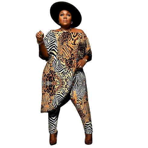 Plus Size Women's Temperament Sexy Print Two Piece Outfits