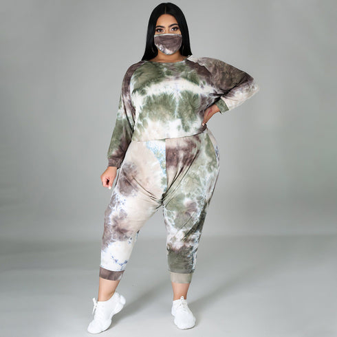 Plus Size Women's Tie-dye Print Two Piece Outfits