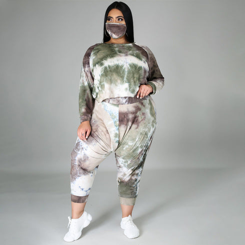 Plus Size Women's Tie-dye Print Two Piece Outfits
