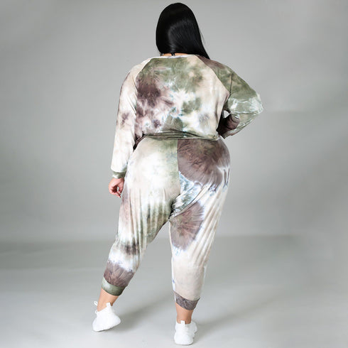 Plus Size Women's Tie-dye Print Two Piece Outfits