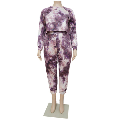 Plus Size Women's Tie-dye Print Two Piece Outfits