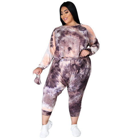 Plus Size Women's Tie-dye Print Two Piece Outfits