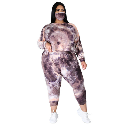 Plus Size Women's Tie-dye Print Two Piece Outfits