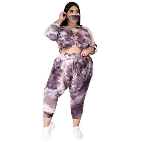 Plus Size Women's Tie-dye Print Two Piece Outfits