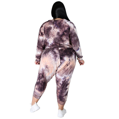 Plus Size Women's Tie-dye Print Two Piece Outfits