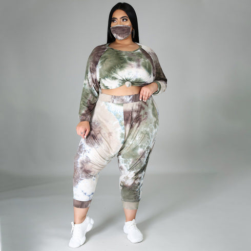 Plus Size Women's Tie-dye Print Two Piece Outfits