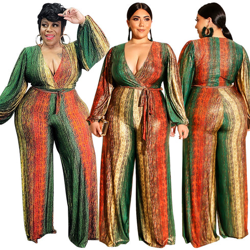 Plus Size Women's V-neck Straight Pants Jumpsuits