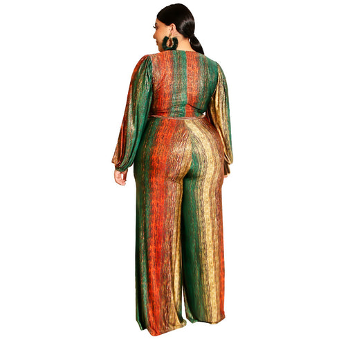 Plus Size Women's V-neck Straight Pants Jumpsuits