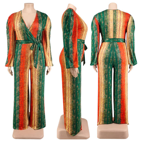 Plus Size Women's V-neck Straight Pants Jumpsuits