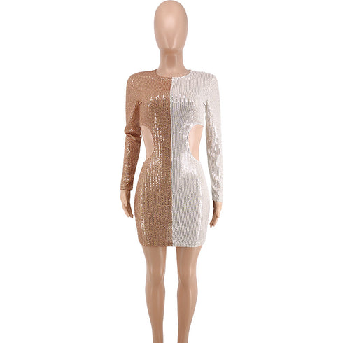 Plus Size Women's Waist-revealing Dress with Beaded Sequins