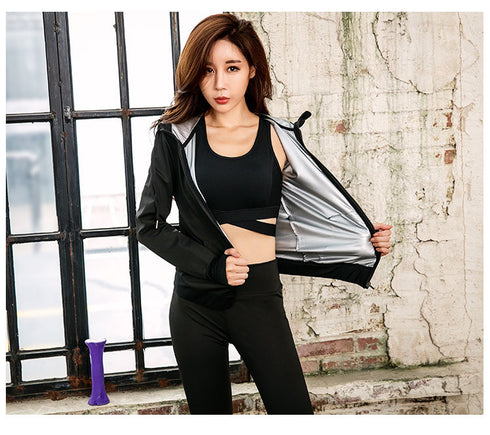 Plus Size Women's Zipper Hooded Jacket Pants Sauna Suits