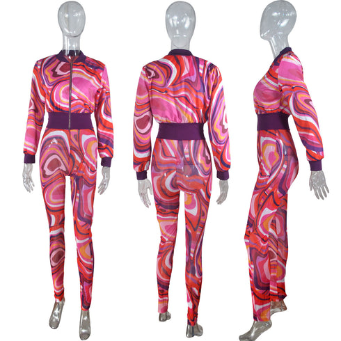 Plus Size Women's Zipper Printed Two Piece Outfits