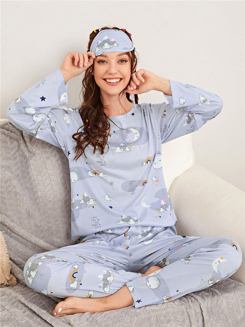 Print Sleepwear Women's Eye Patch Loungewear Pajama Sets
