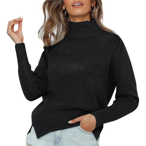 Pure Color High Neck Pullover Sweater Women's Tops