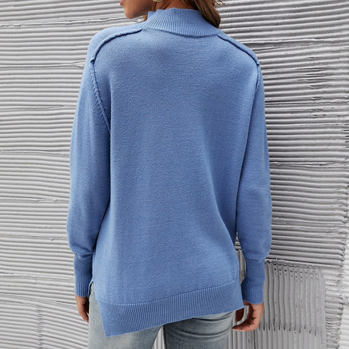 Pure Color High Neck Pullover Sweater Women's Tops