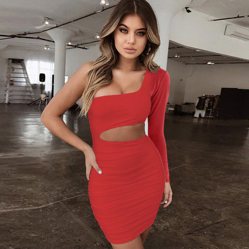 Pure Color Women's Pleated Hollow Out Bodycon Dresses