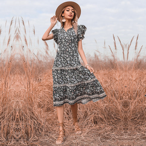 Retro Women's Slim V-neck Floral Dress with Earlobes