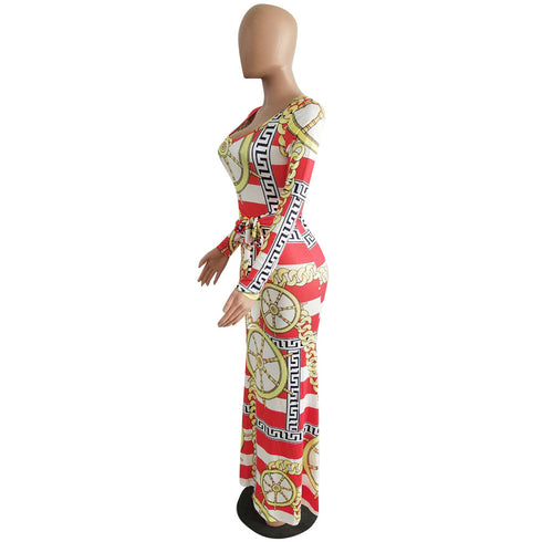 Round Collar Women's Long Sleeve Printed Maxi Dresses
