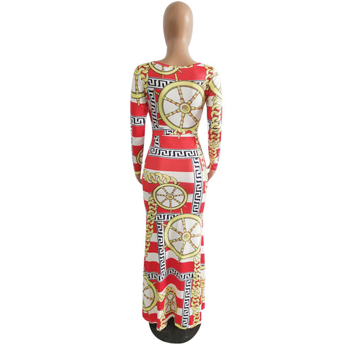 Round Collar Women's Long Sleeve Printed Maxi Dresses