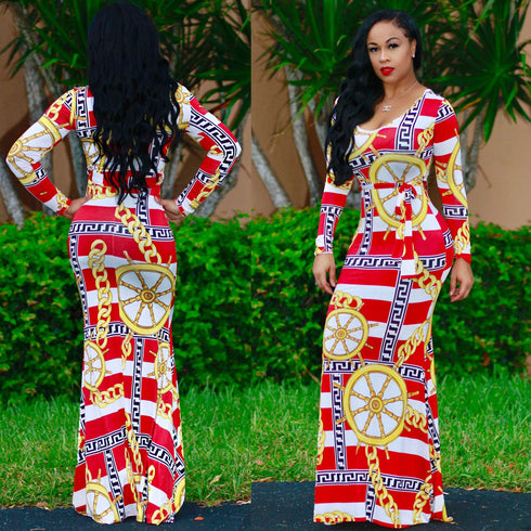 Round Collar Women's Long Sleeve Printed Maxi Dresses