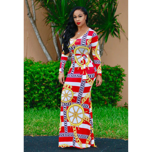 Round Collar Women's Long Sleeve Printed Maxi Dresses