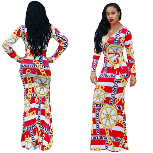 Round Collar Women's Long Sleeve Printed Maxi Dresses