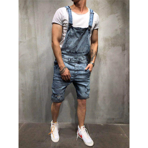 Men's Bib Overalls Shorts Jeans Sleeveless Ripped Denim Jumpsuit