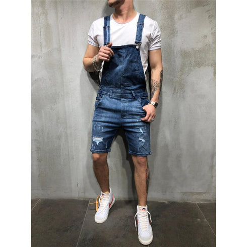 Men's Bib Overalls Ripped Denim Jumpsuit Romper Workout Shorts Jean