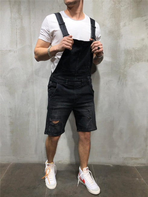 Men's Bib Overalls Ripped Denim Jumpsuit Romper Workout Shorts Jean