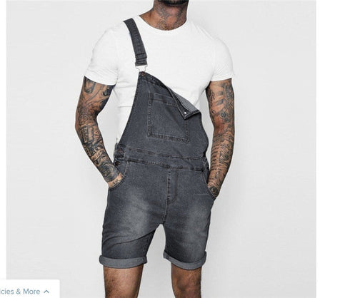 Men's Bib Overalls Denim Shorts Jean Romper Workout Jumpsuit