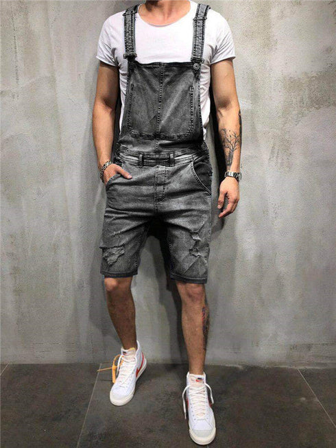 Men's Bib Overalls Shorts Jeans Sleeveless Ripped Denim Jumpsuit