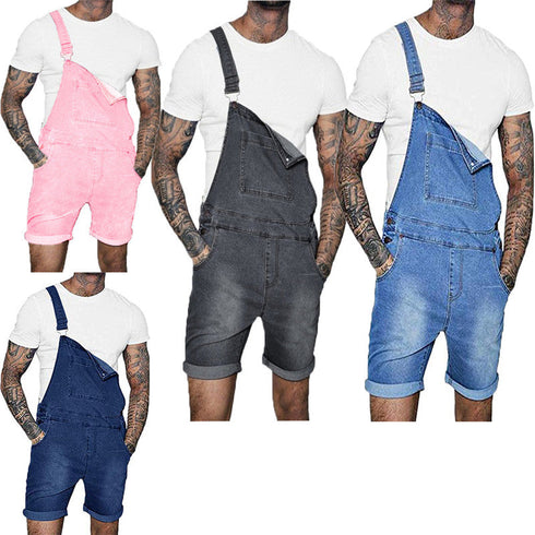 Men's Bib Overalls Denim Shorts Jean Romper Workout Jumpsuit