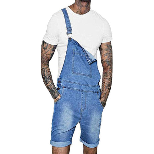Men's Bib Overalls Denim Shorts Jean Romper Workout Jumpsuit