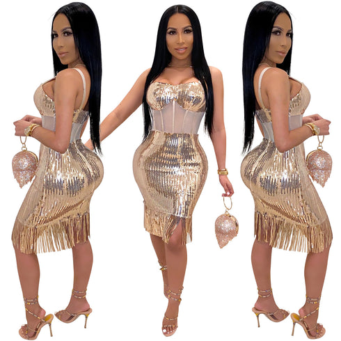 Sequins Tassels Women's Sexy Halter Nightclub Dresses