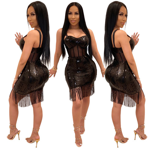Sequins Tassels Women's Sexy Halter Nightclub Dresses