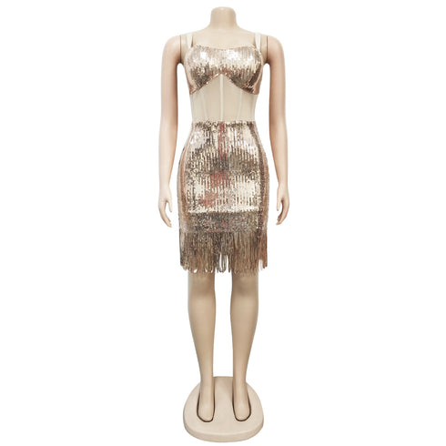 Sequins Tassels Women's Sexy Halter Nightclub Dresses