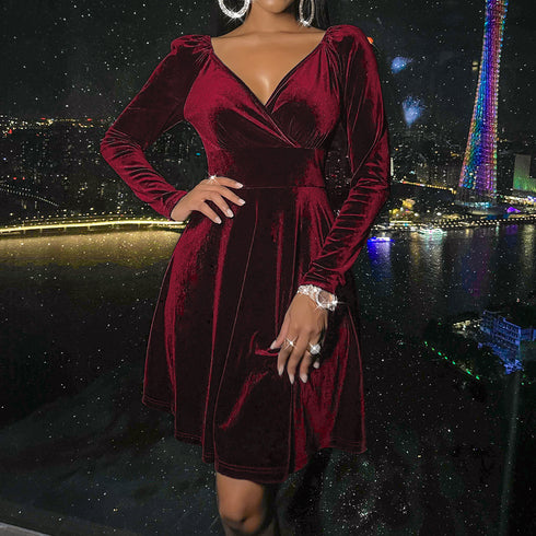Sexy Dresses V Neck Women's Long Sleeve Fit Dress