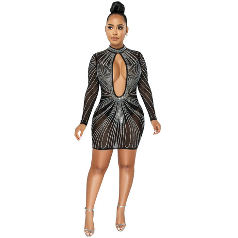 Sexy Hollow Out Dress Nightclub Women's Long Sleeve Dresses