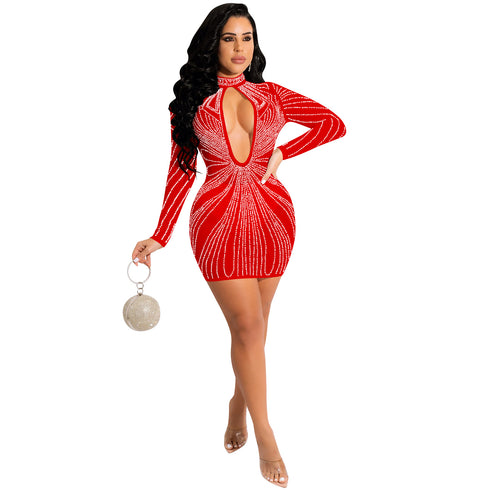 Sexy Hollow Out Dress Nightclub Women's Long Sleeve Dresses