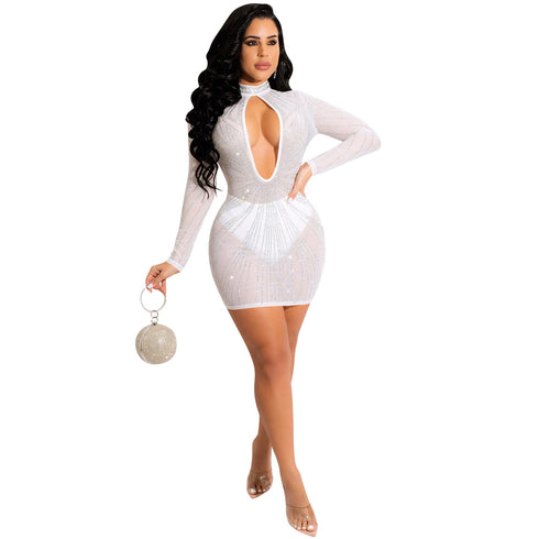 Sexy Hollow Out Dress Nightclub Women's Long Sleeve Dresses