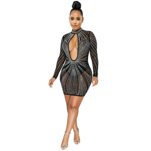 Sexy Hollow Out Dress Nightclub Women's Long Sleeve Dresses