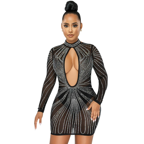 Sexy Hollow Out Dress Nightclub Women's Long Sleeve Dresses